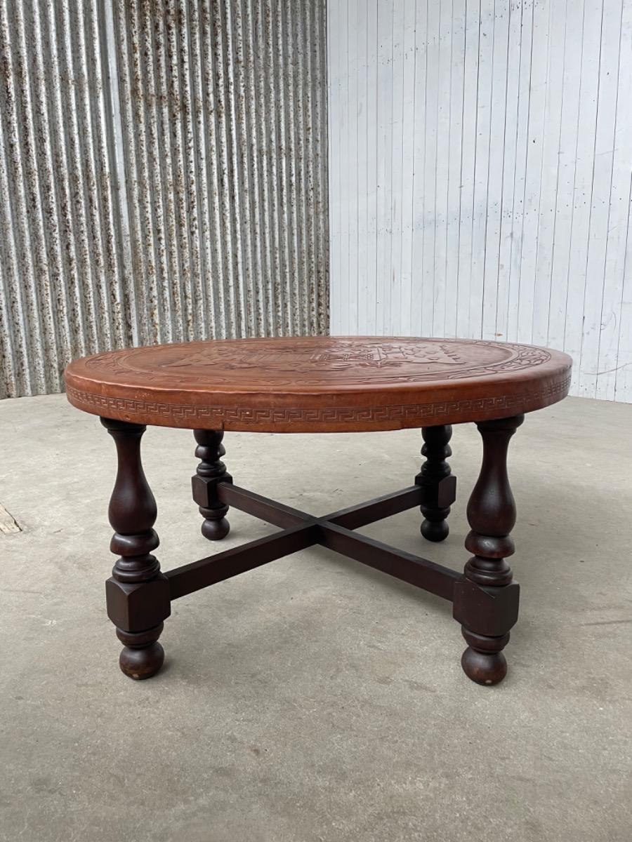 Vintage round coffee table brown leather 1960s