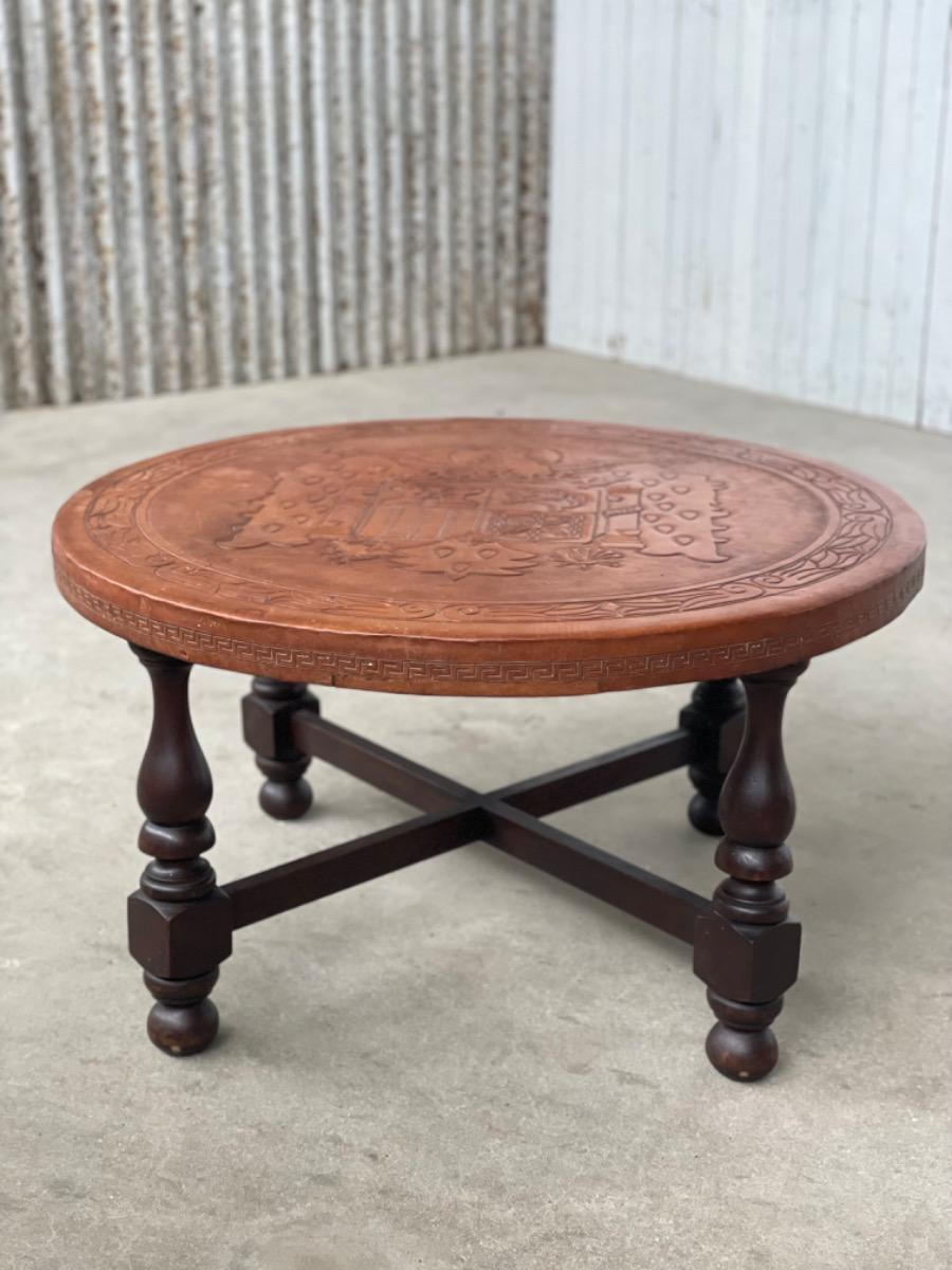 Vintage round coffee table brown leather 1960s