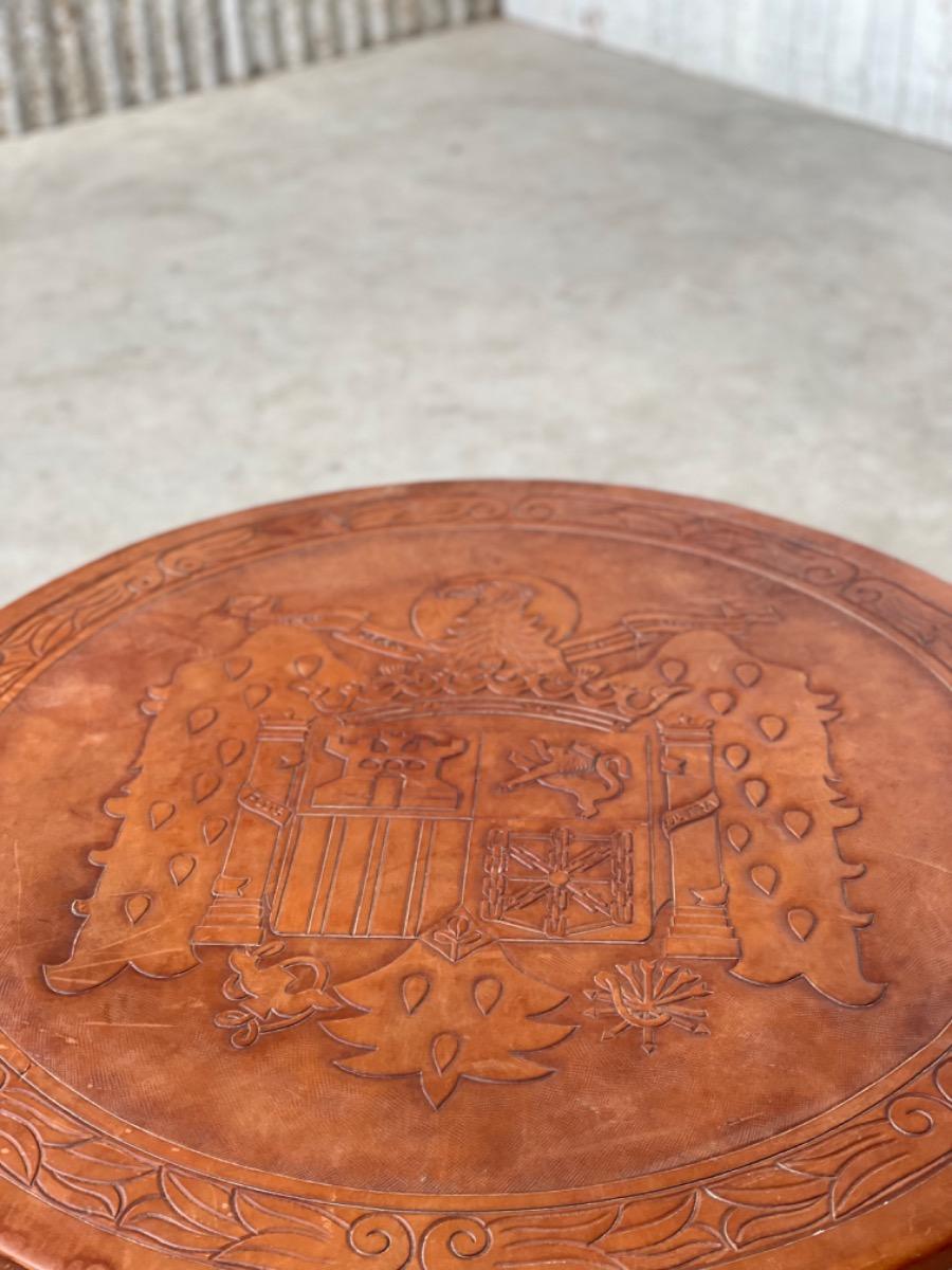 Vintage round coffee table brown leather 1960s