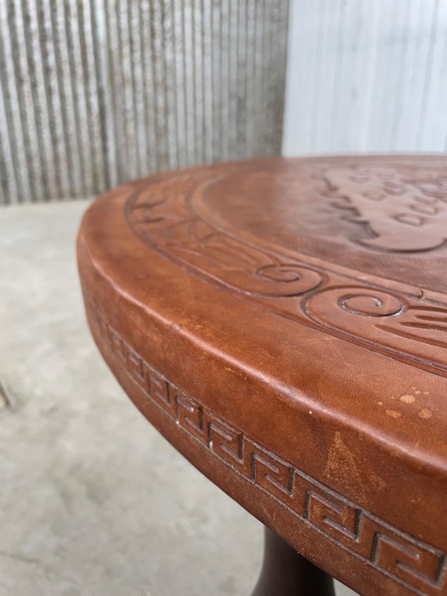 Vintage round coffee table brown leather 1960s