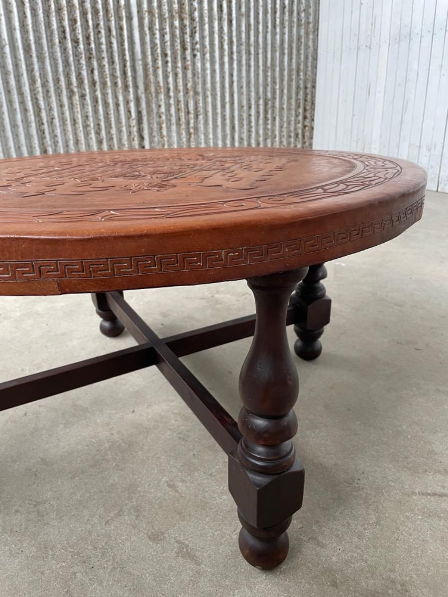 Vintage round coffee table brown leather 1960s