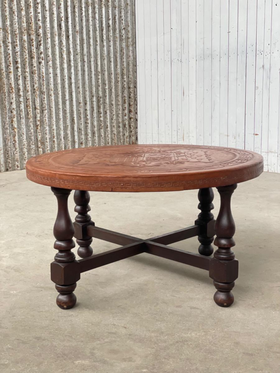 Vintage round coffee table brown leather 1960s