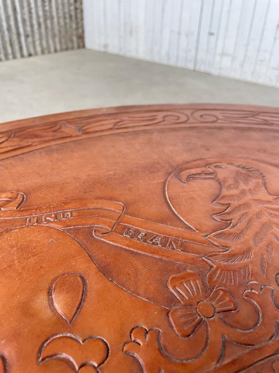 Vintage round coffee table brown leather 1960s