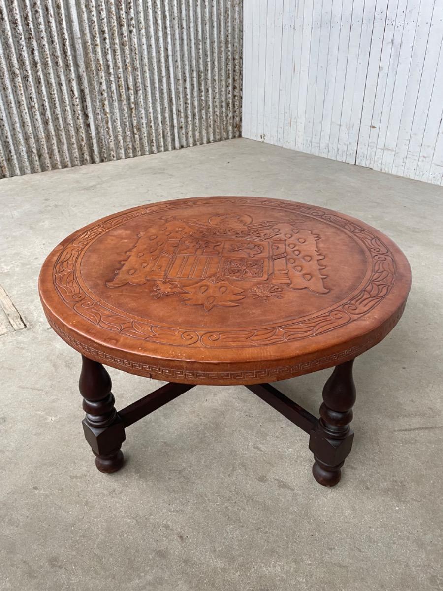 Vintage round coffee table brown leather 1960s