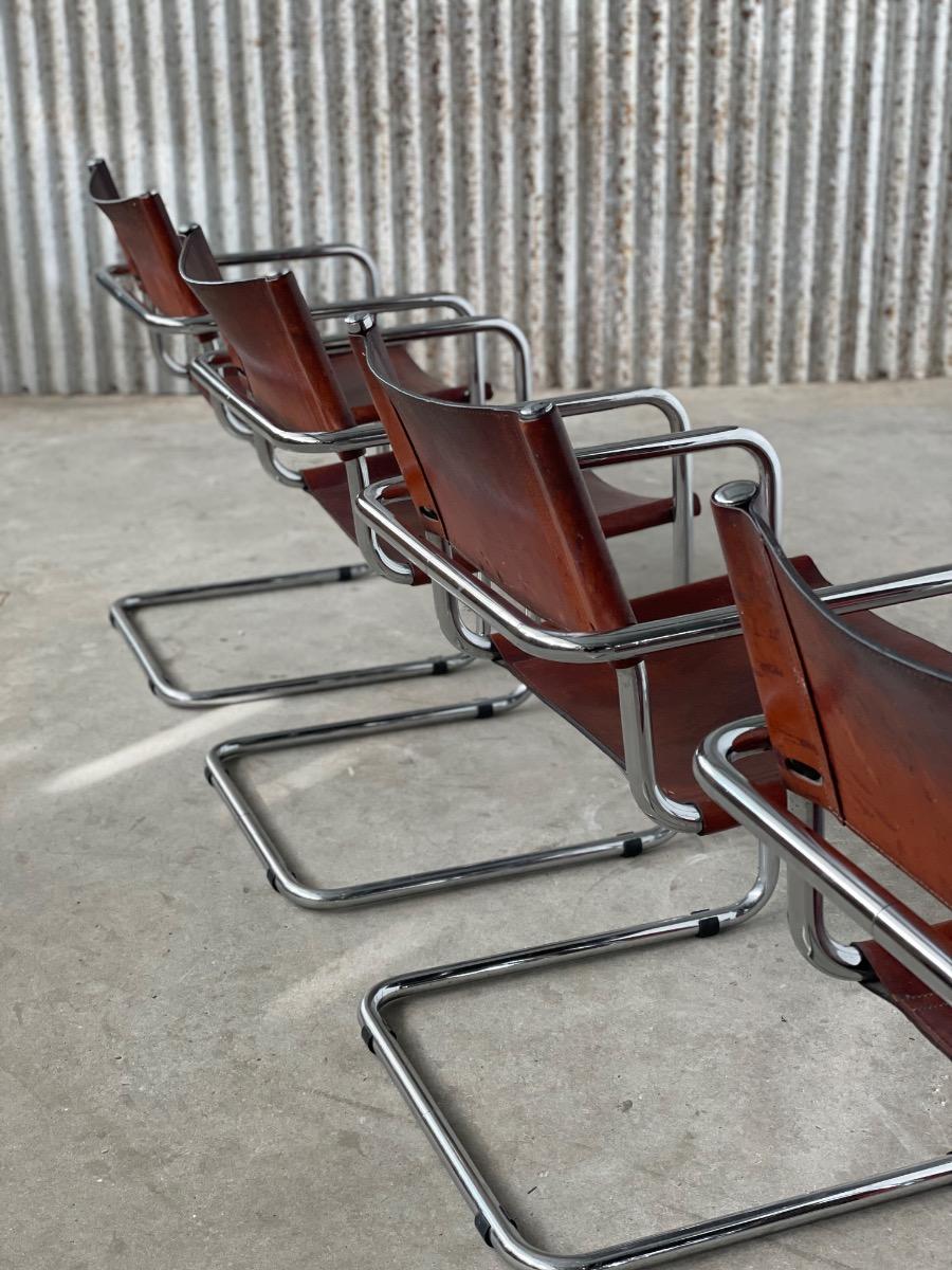 4x Mart Stam S34 dining chairs brown leather, 1970s