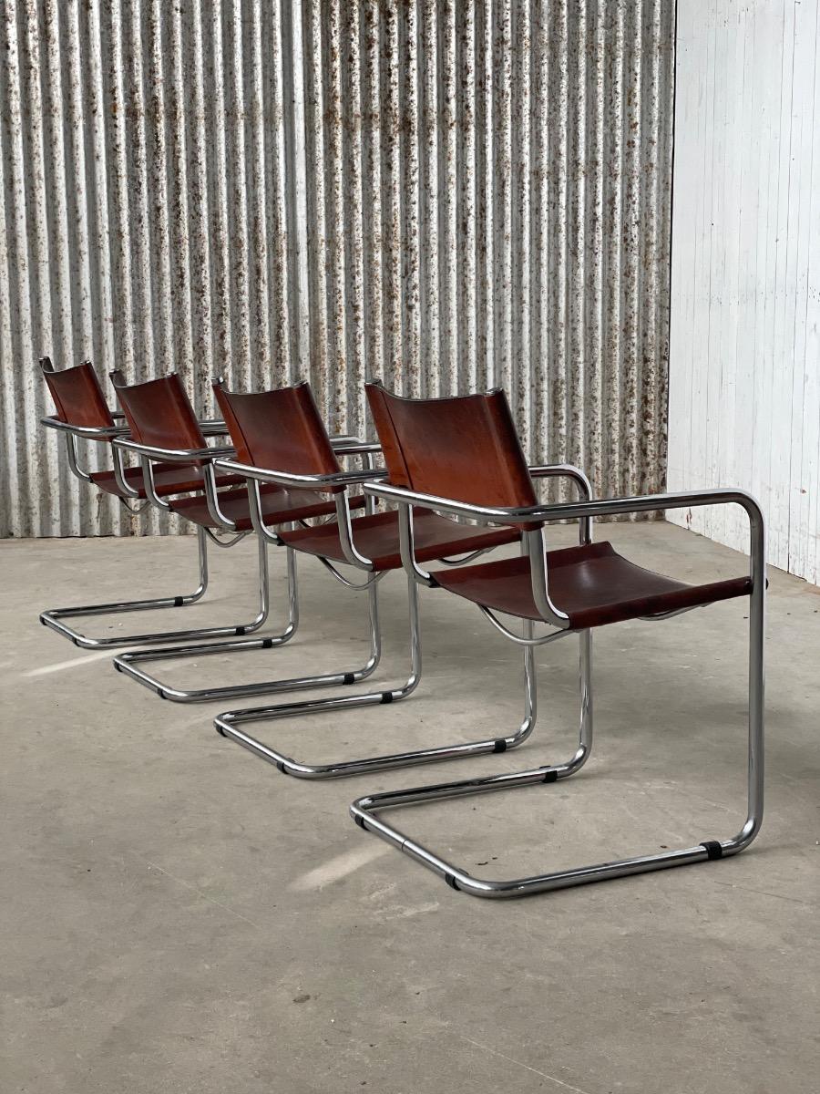 4x Mart Stam S34 dining chairs brown leather, 1970s