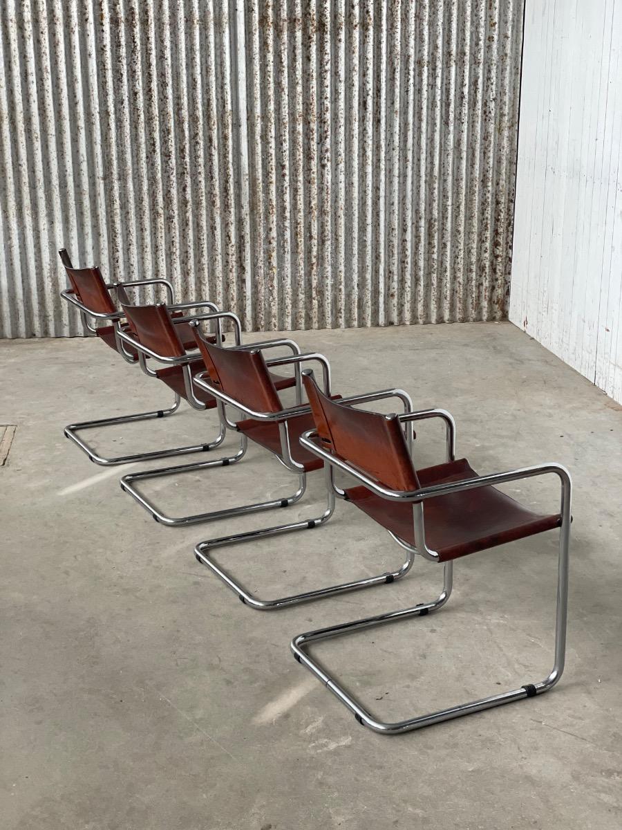 4x Mart Stam S34 dining chairs brown leather, 1970s