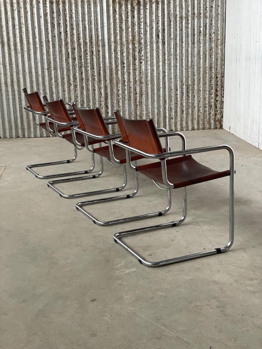 4x Mart Stam S34 dining chairs brown leather, 1970s