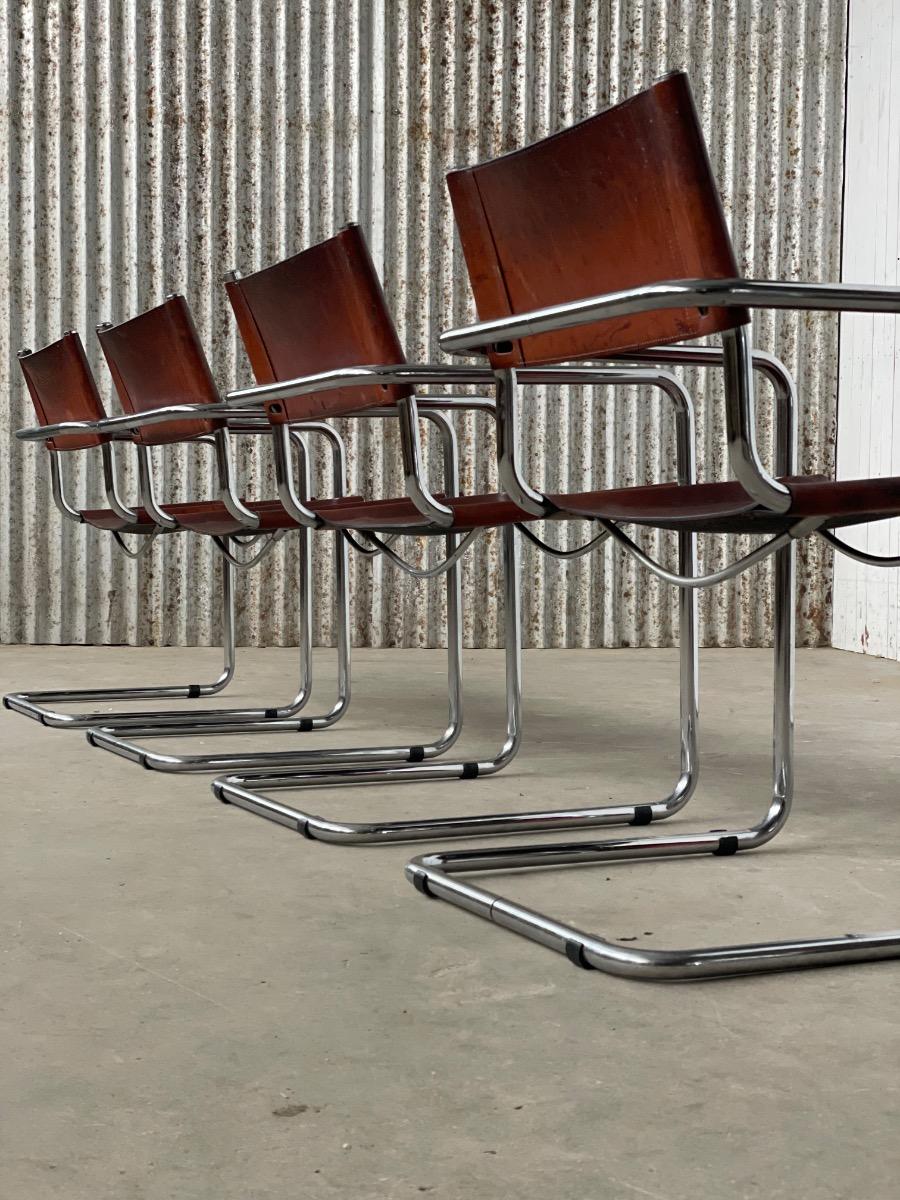 4x Mart Stam S34 dining chairs brown leather, 1970s