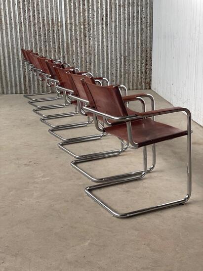 8x Matteo Grassi MG5 dining chairs Cognac leather, 1960s Italy