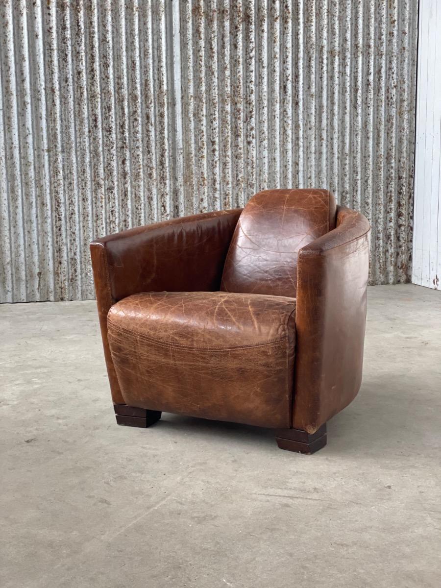 Art deco style leather armchair Aviator dark brown leather, 1990s 