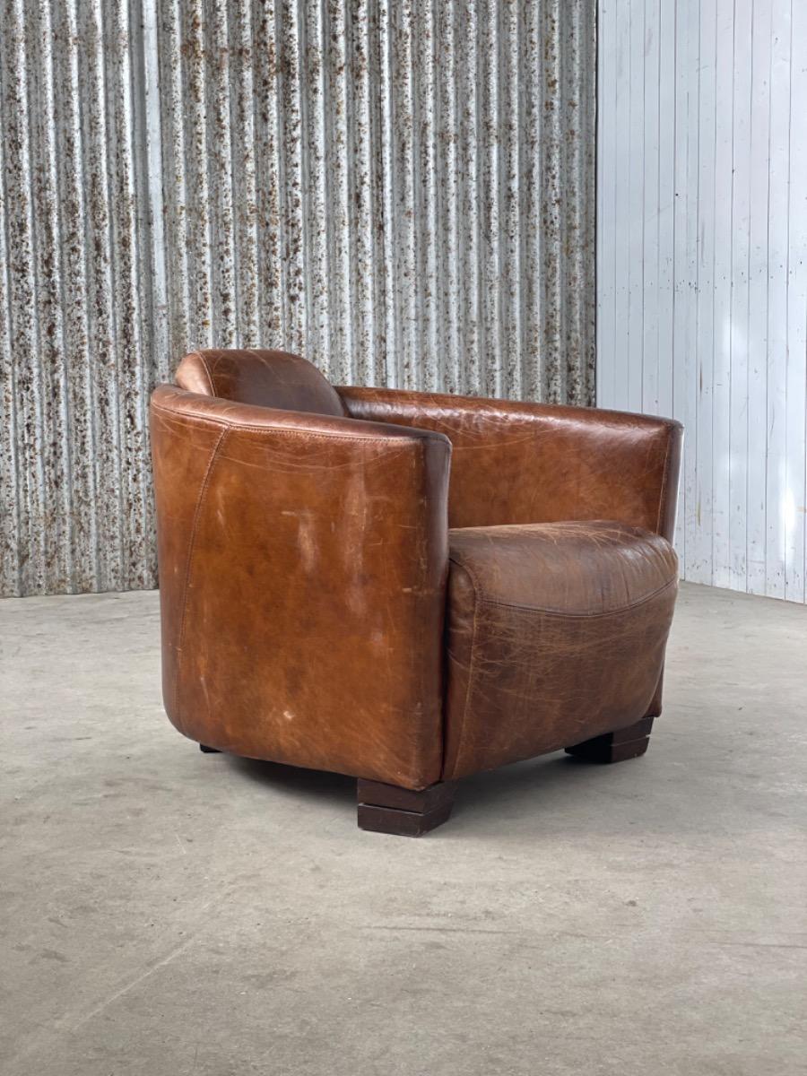 Art deco style leather armchair Aviator dark brown leather, 1990s 