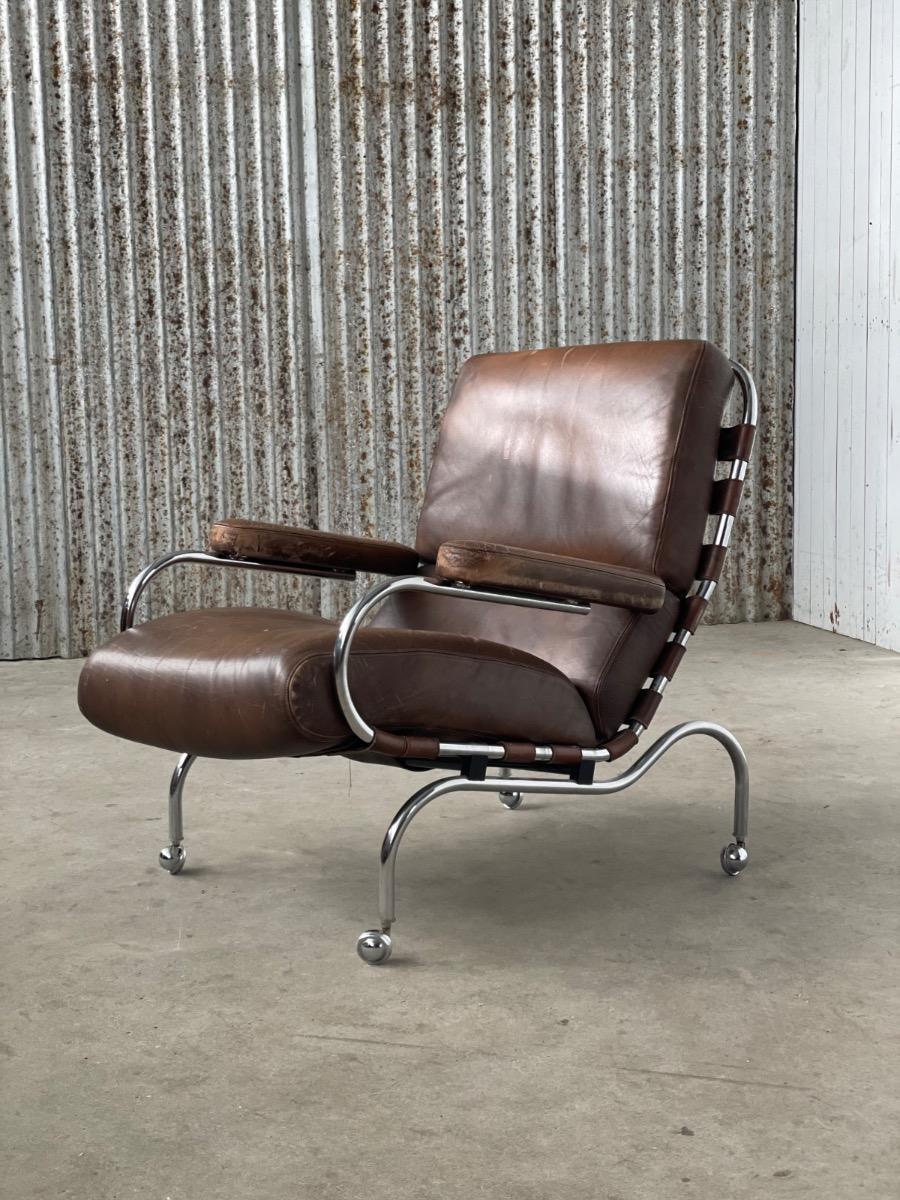 Bauhaus armchair on wheels brown leather, 1940s