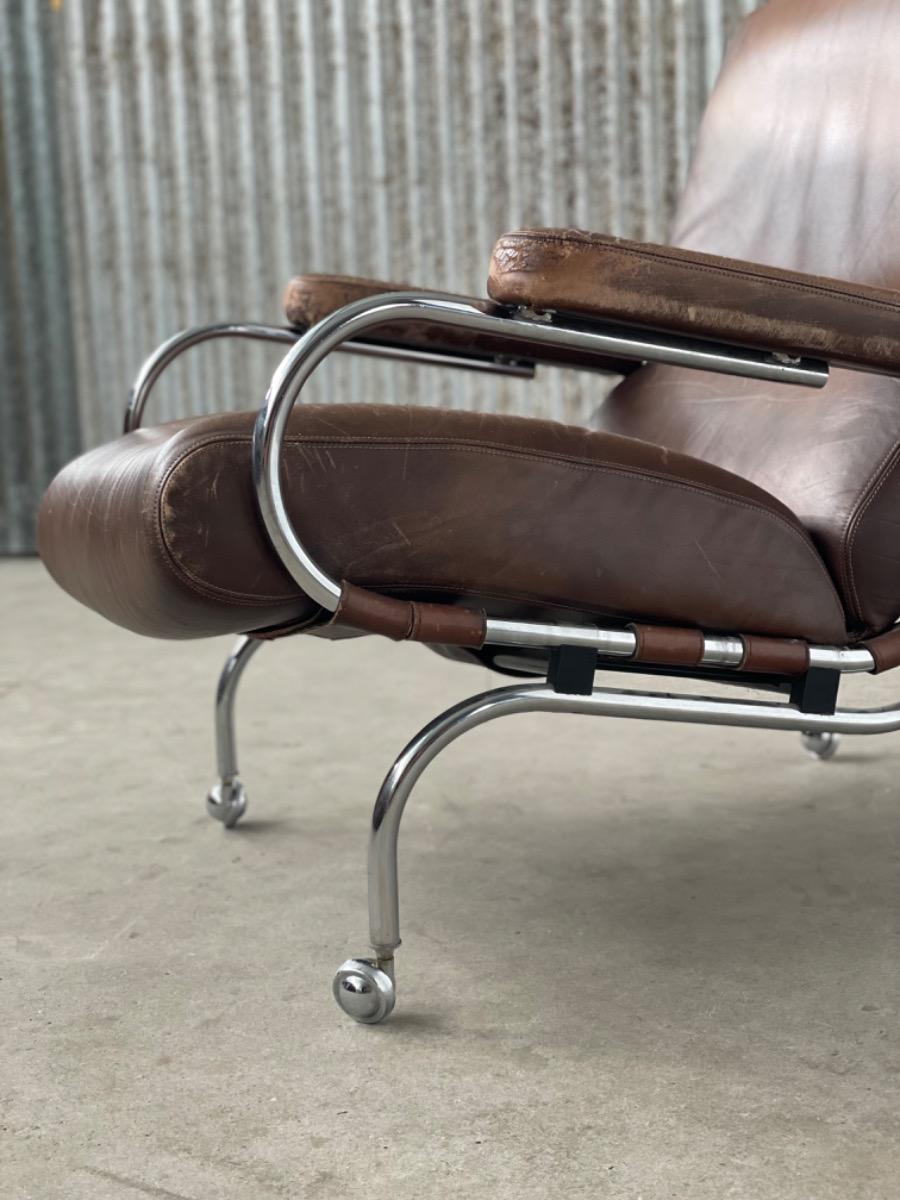 Bauhaus armchair on wheels brown leather, 1940s