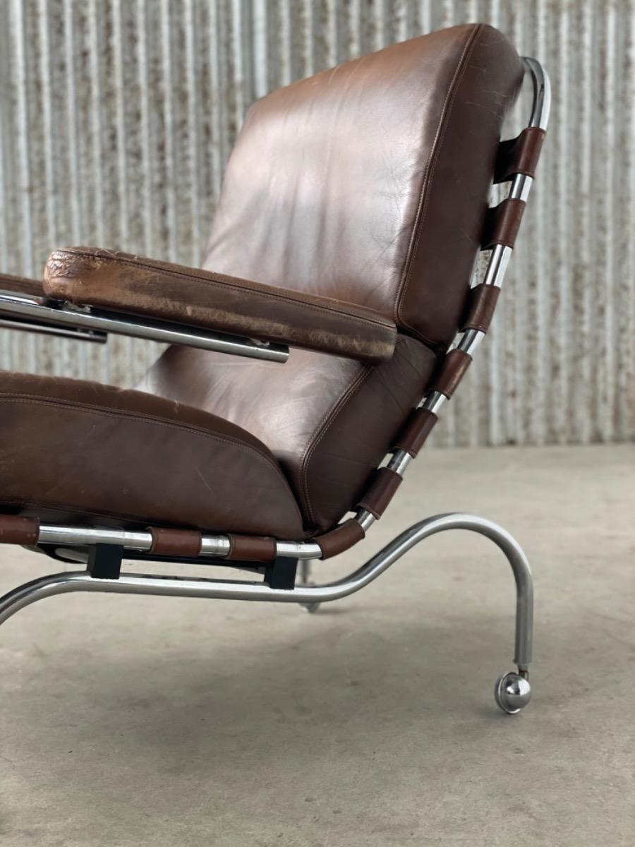 Bauhaus armchair on wheels brown leather, 1940s