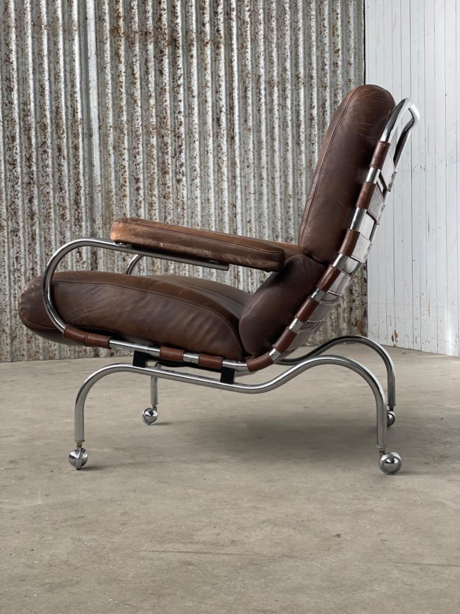 Bauhaus armchair on wheels brown leather, 1940s