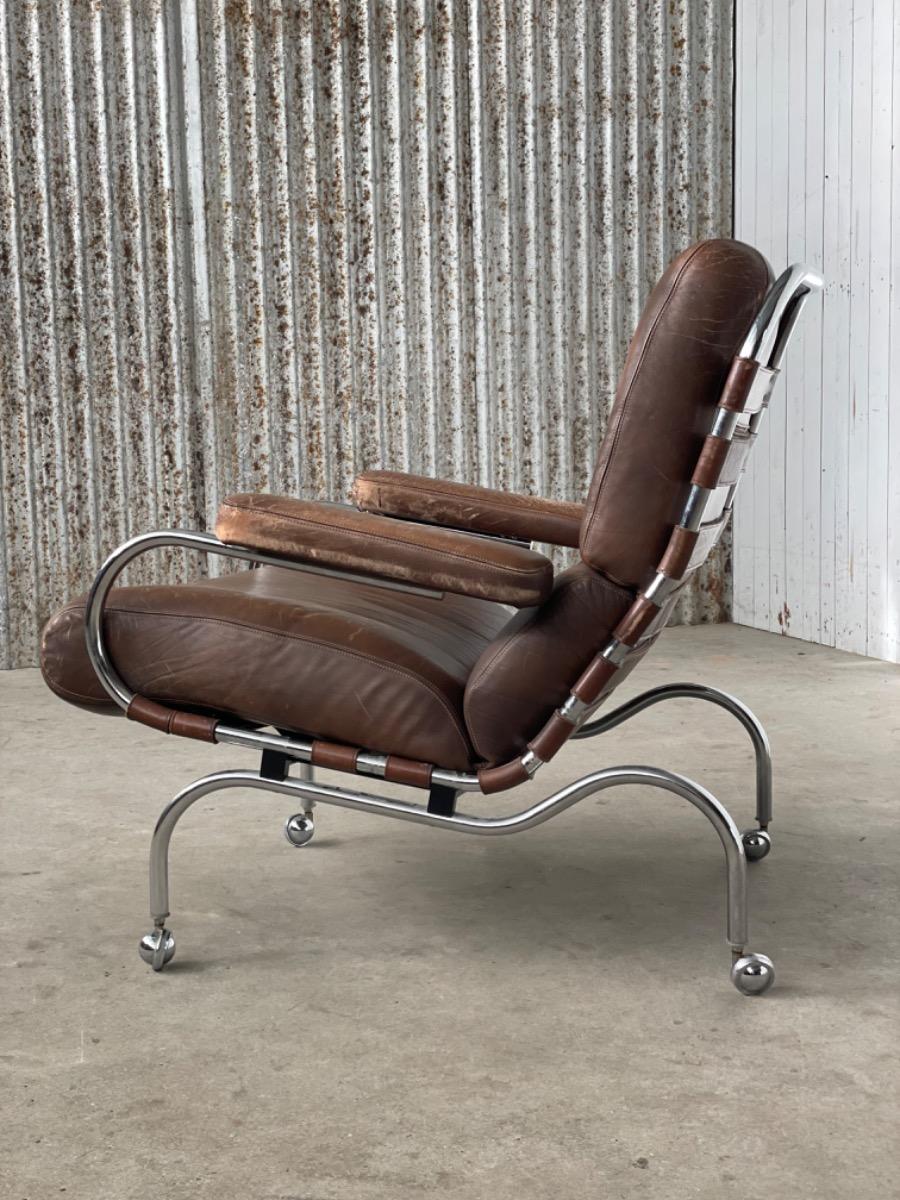 Bauhaus armchair on wheels brown leather, 1940s