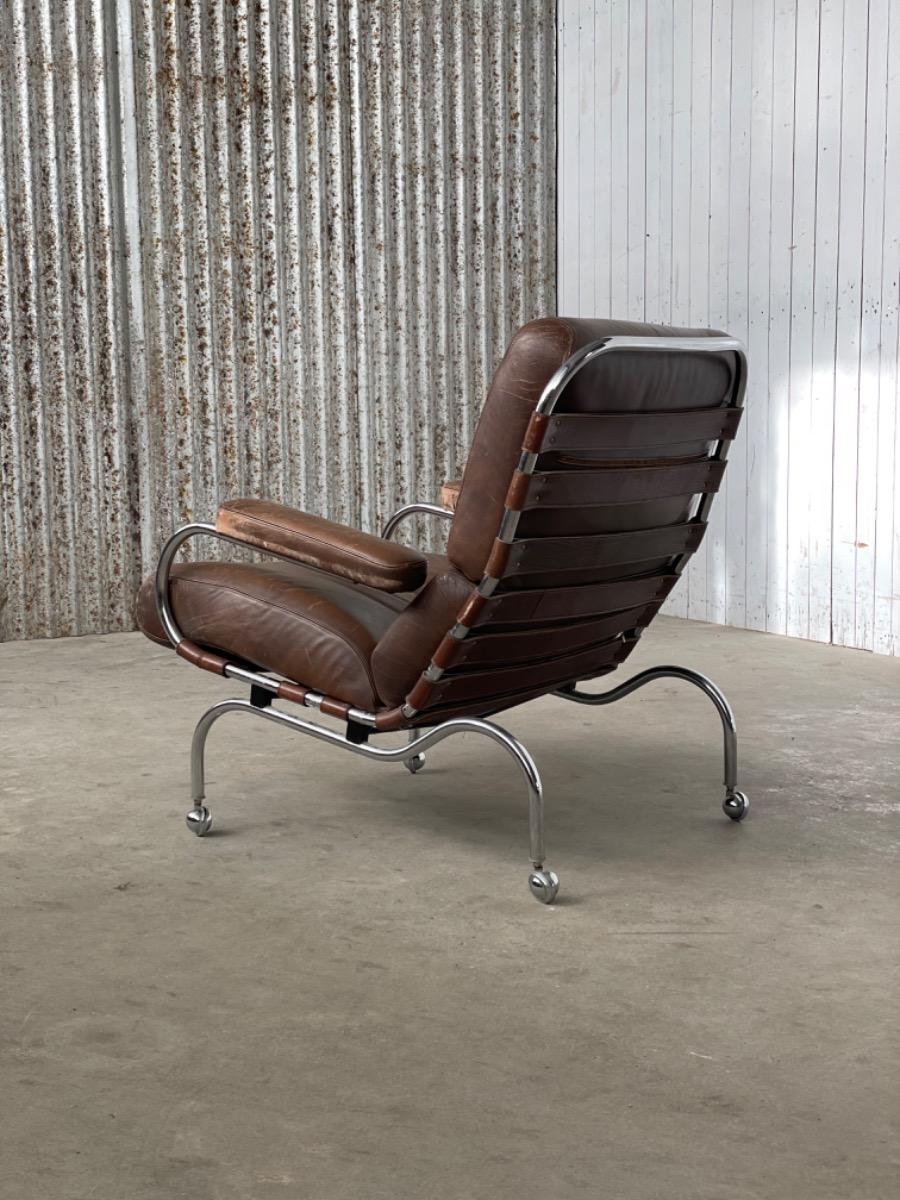 Bauhaus armchair on wheels brown leather, 1940s