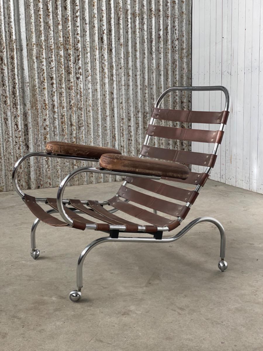 Bauhaus armchair on wheels brown leather, 1940s