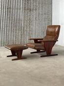 Brazilian Rosewood loungechair with ottoman in brown leather, 1950s