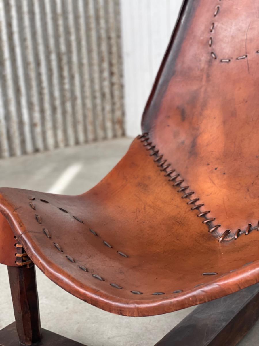 Original Brazilian swing chair with ottoman saddle leather, 1950s