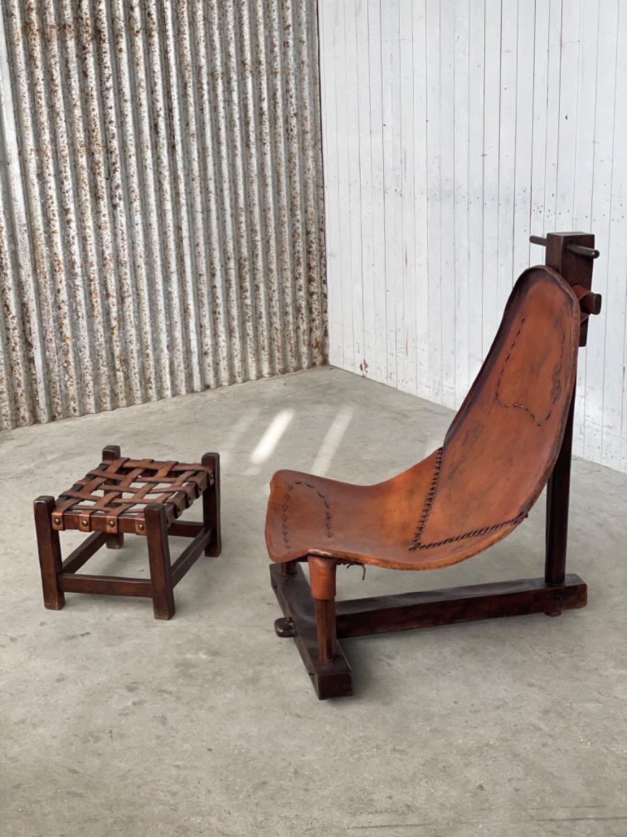 Original Brazilian swing chair with ottoman saddle leather, 1950s