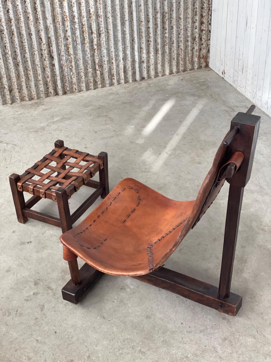 Original Brazilian swing chair with ottoman saddle leather, 1950s