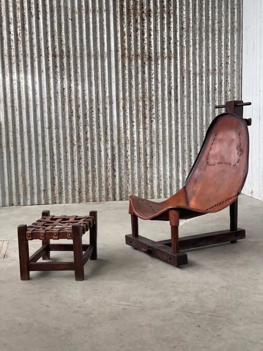 Original Brazilian swing chair with ottoman saddle leather, 1950s