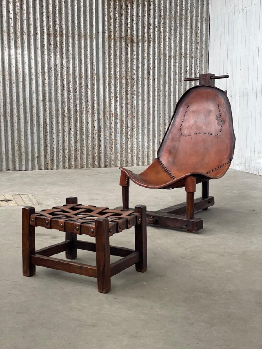 Original Brazilian swing chair with ottoman saddle leather, 1950s