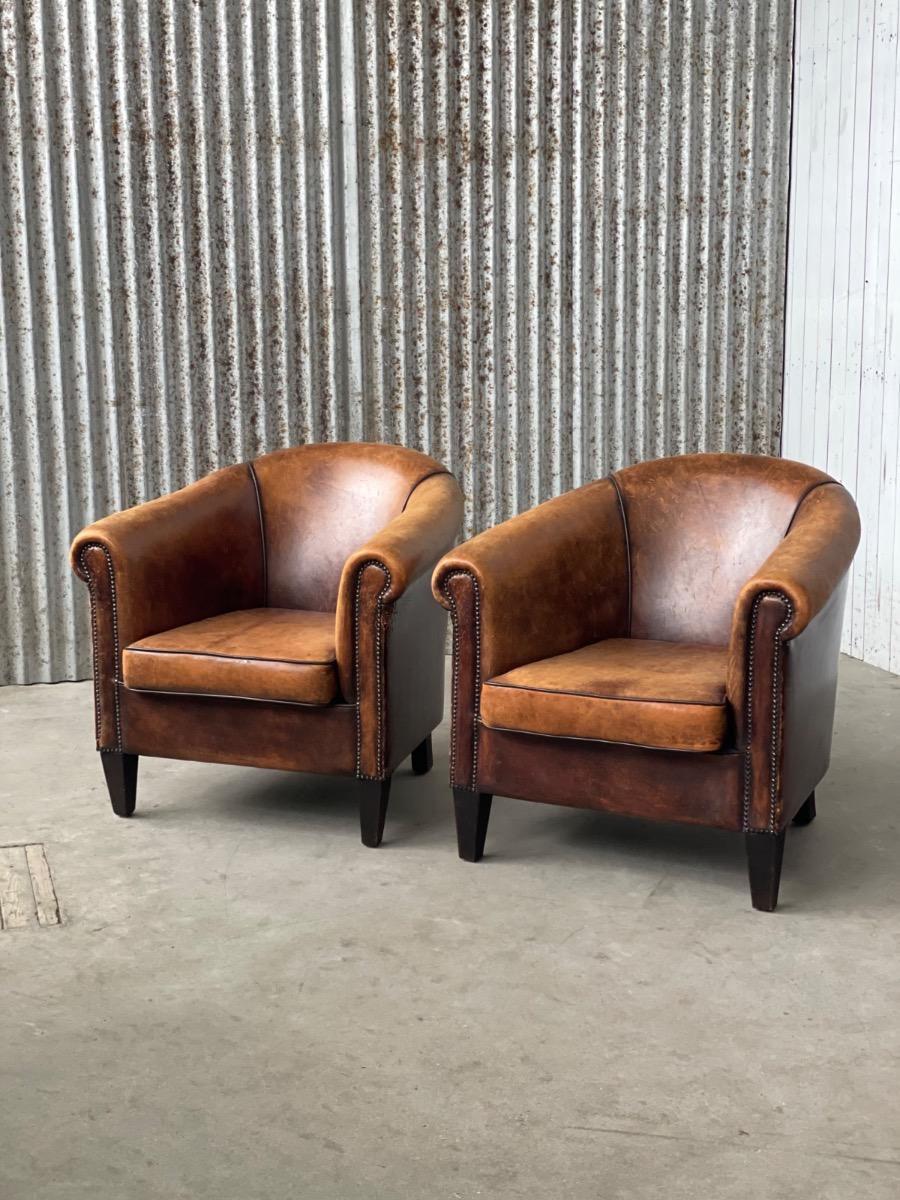 Pair sheep leather club armchairs brown