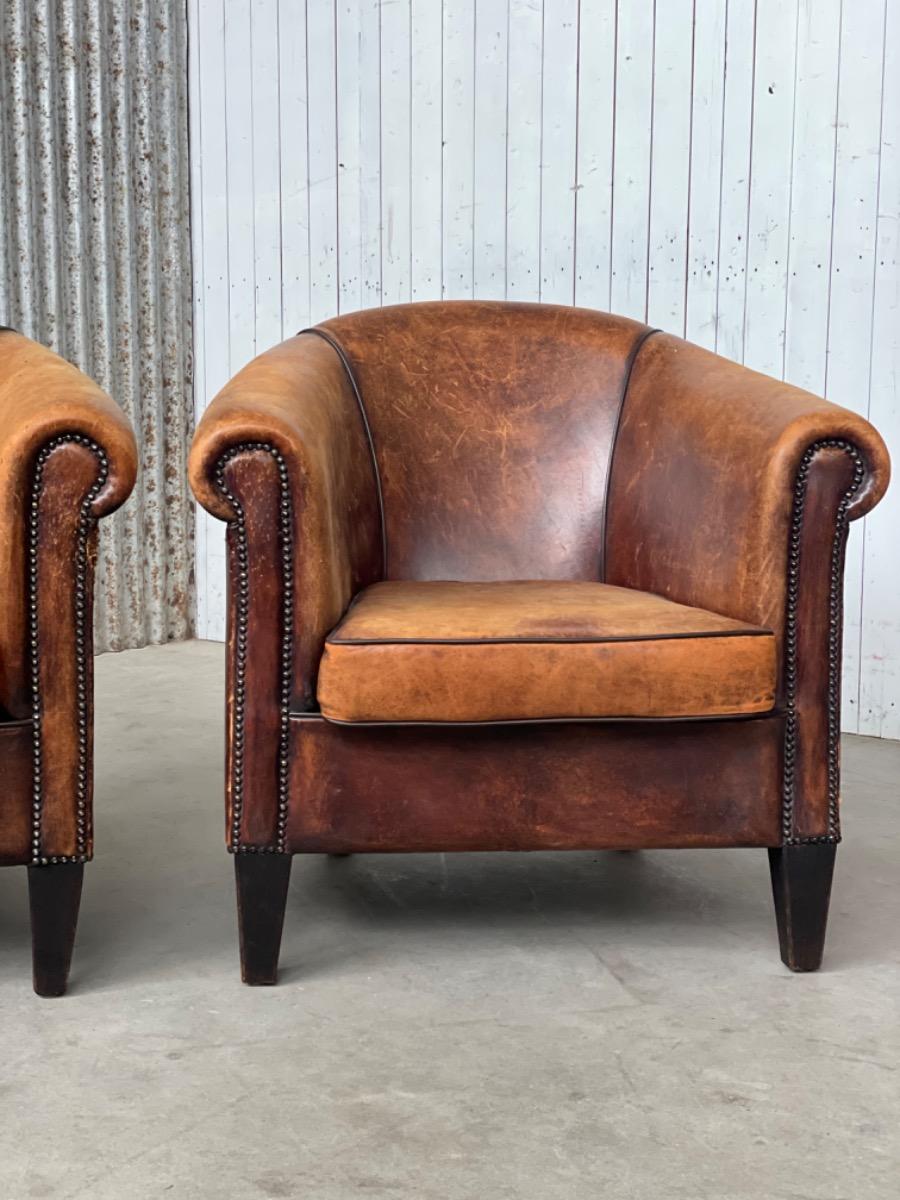 Pair sheep leather club armchairs brown