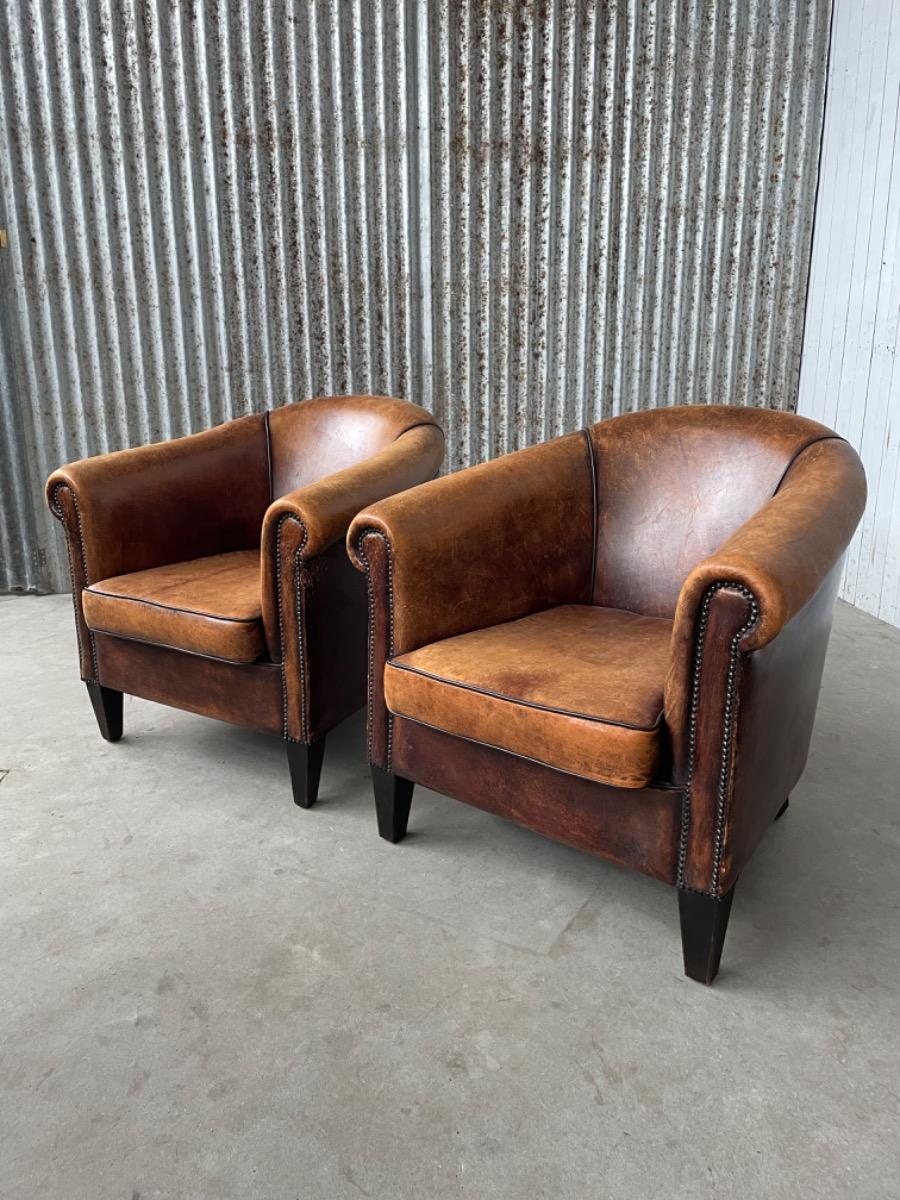 Pair sheep leather club armchairs brown