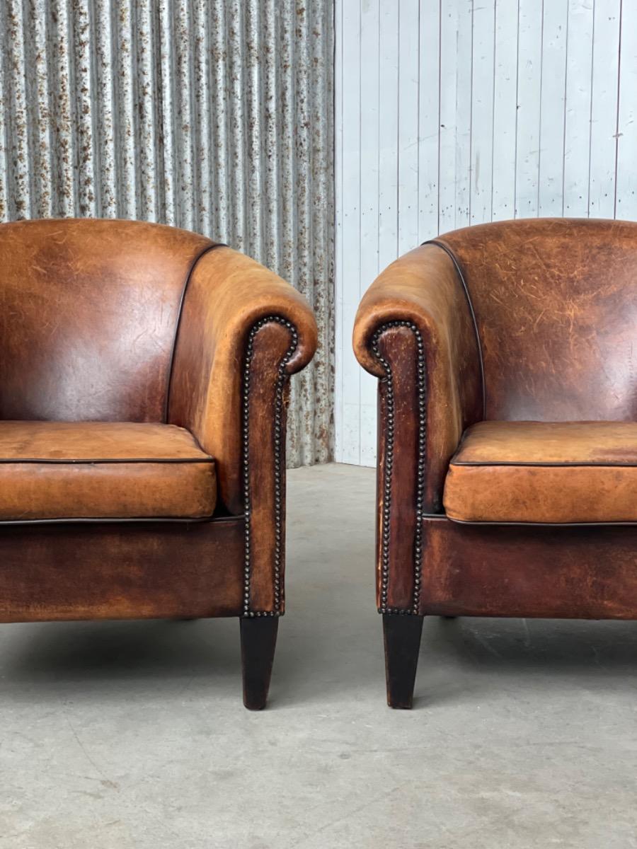 Pair sheep leather club armchairs brown