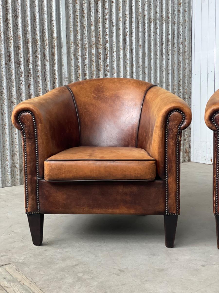 Pair sheep leather club armchairs brown