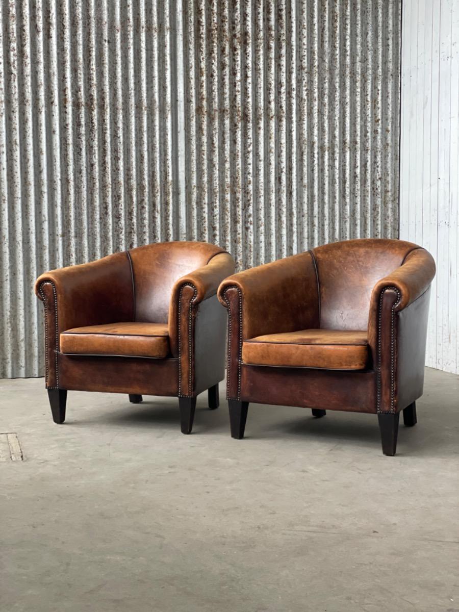 Pair sheep leather club armchairs brown