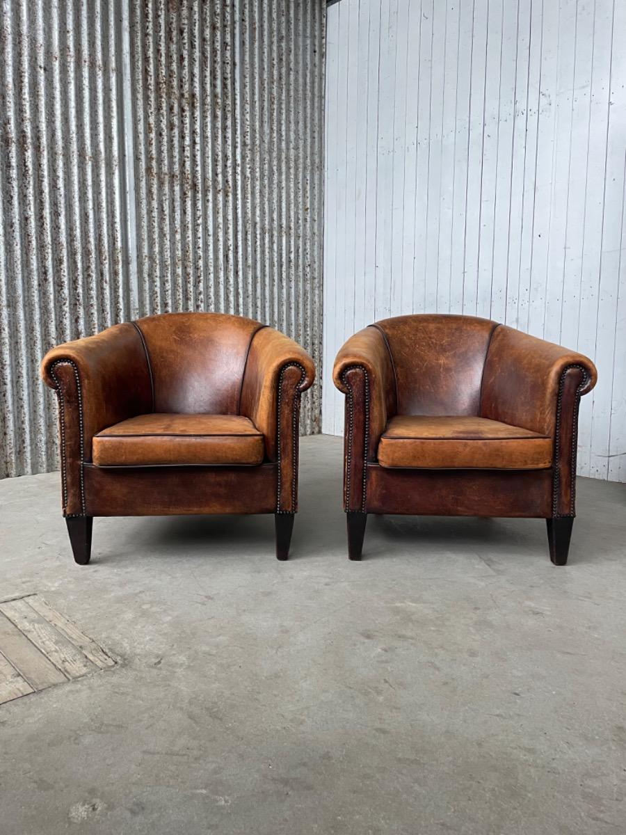 Pair sheep leather club armchairs brown