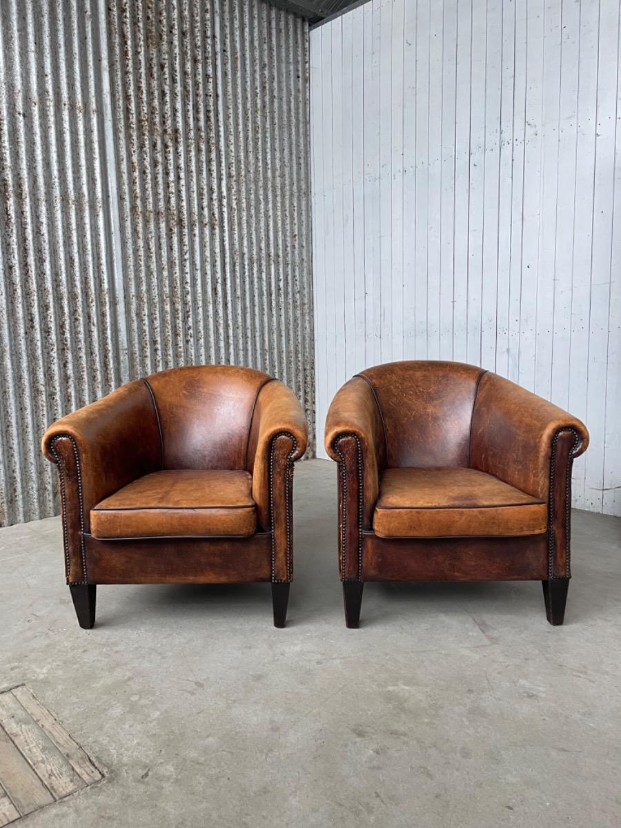 Pair sheep leather club armchairs brown