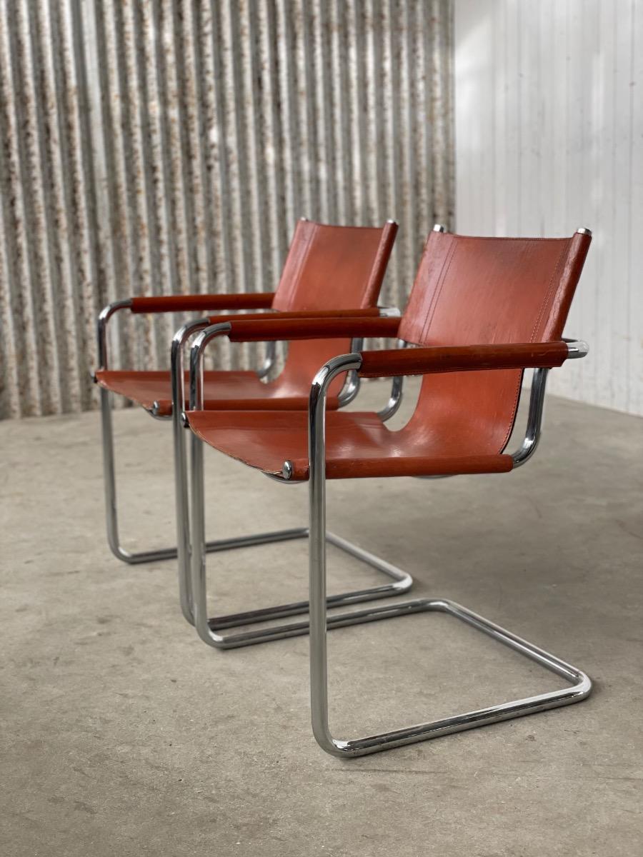 Set 2x diningchairs Mg5 brown leather 1970s Italy, bauhaus 