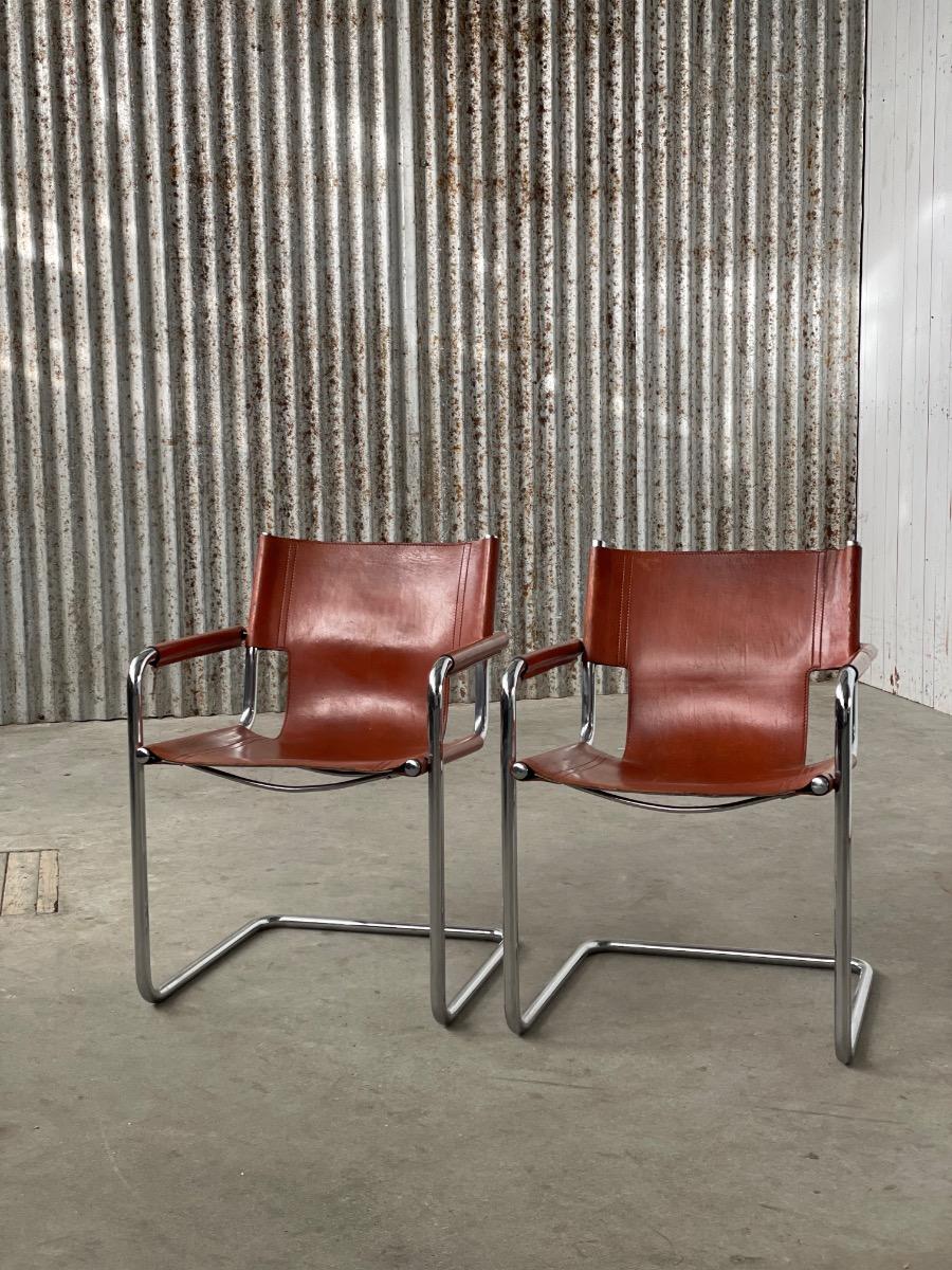 Set 2x diningchairs Mg5 brown leather 1970s Italy, bauhaus 