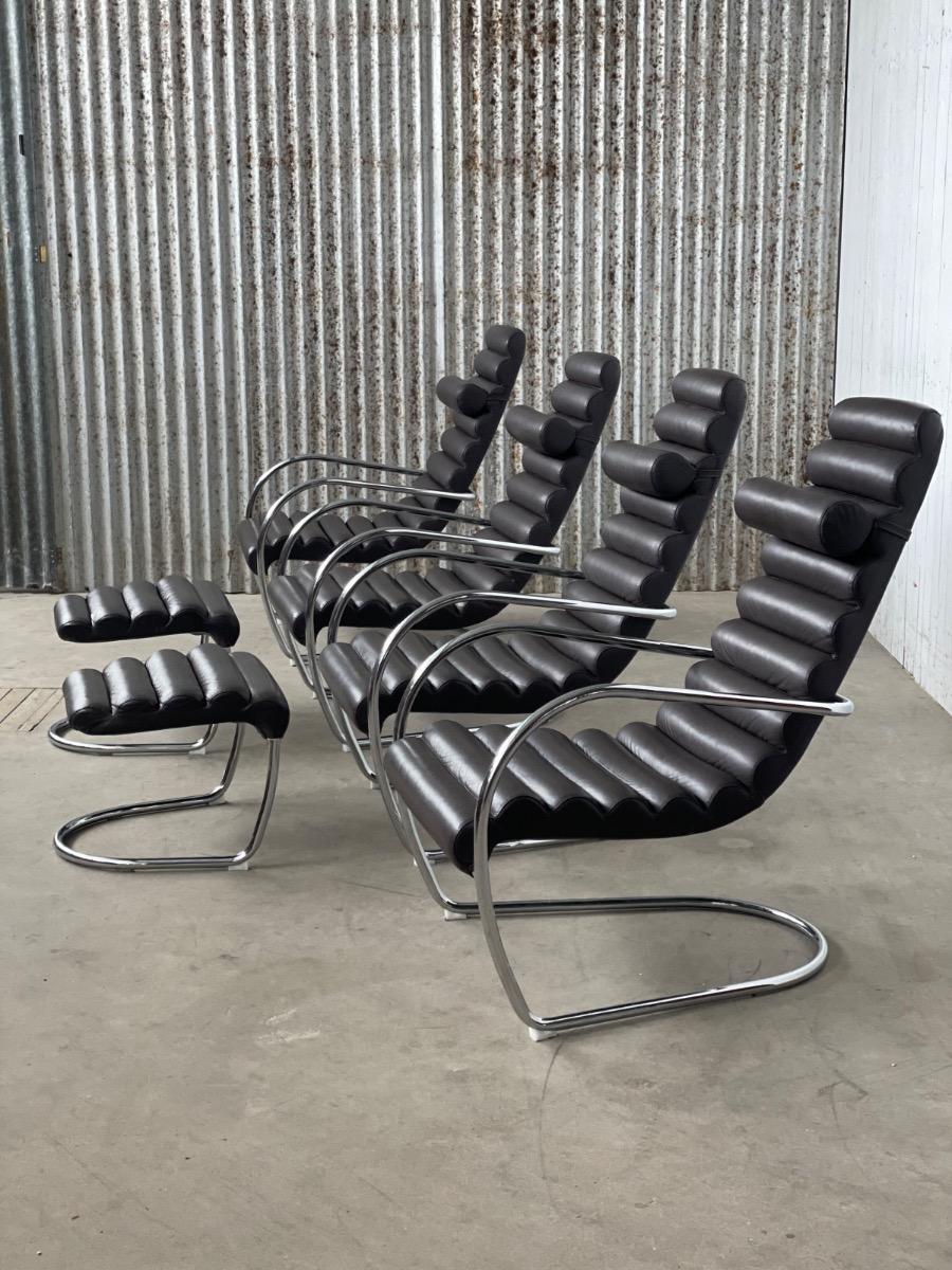 Set 4 rare vintage tubular and leather lounge chairs, 1980 Netherlands