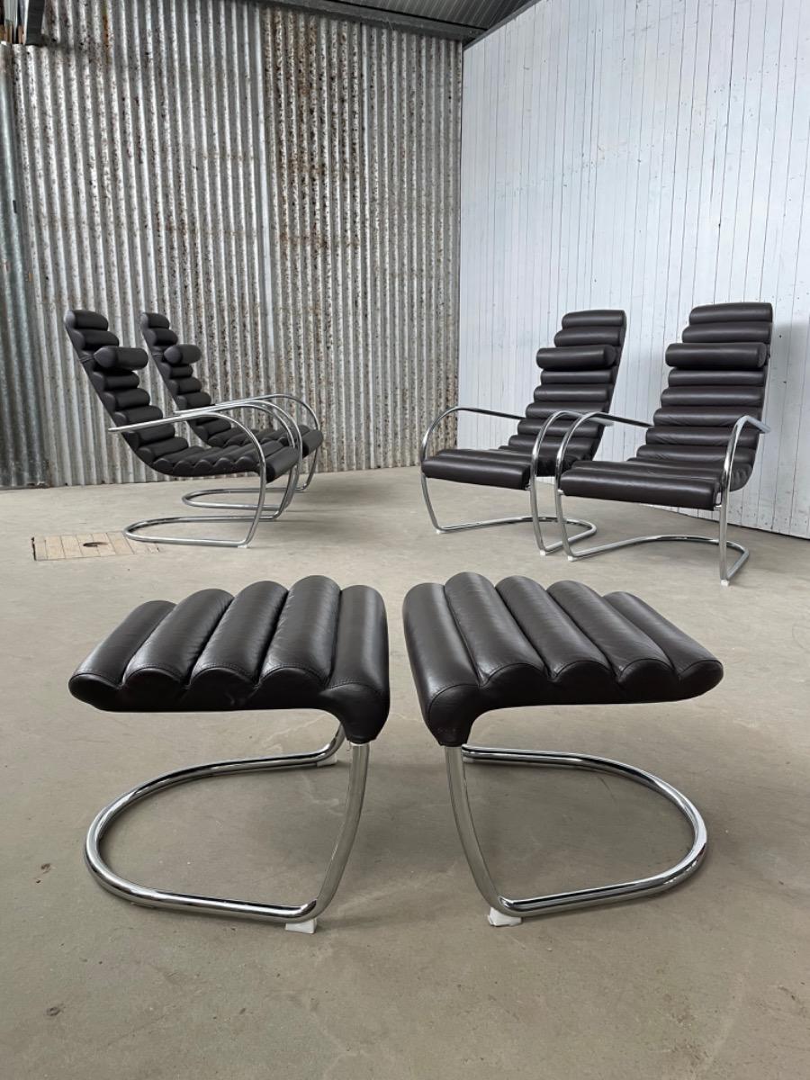 Set 4 rare vintage tubular and leather lounge chairs, 1980 Netherlands