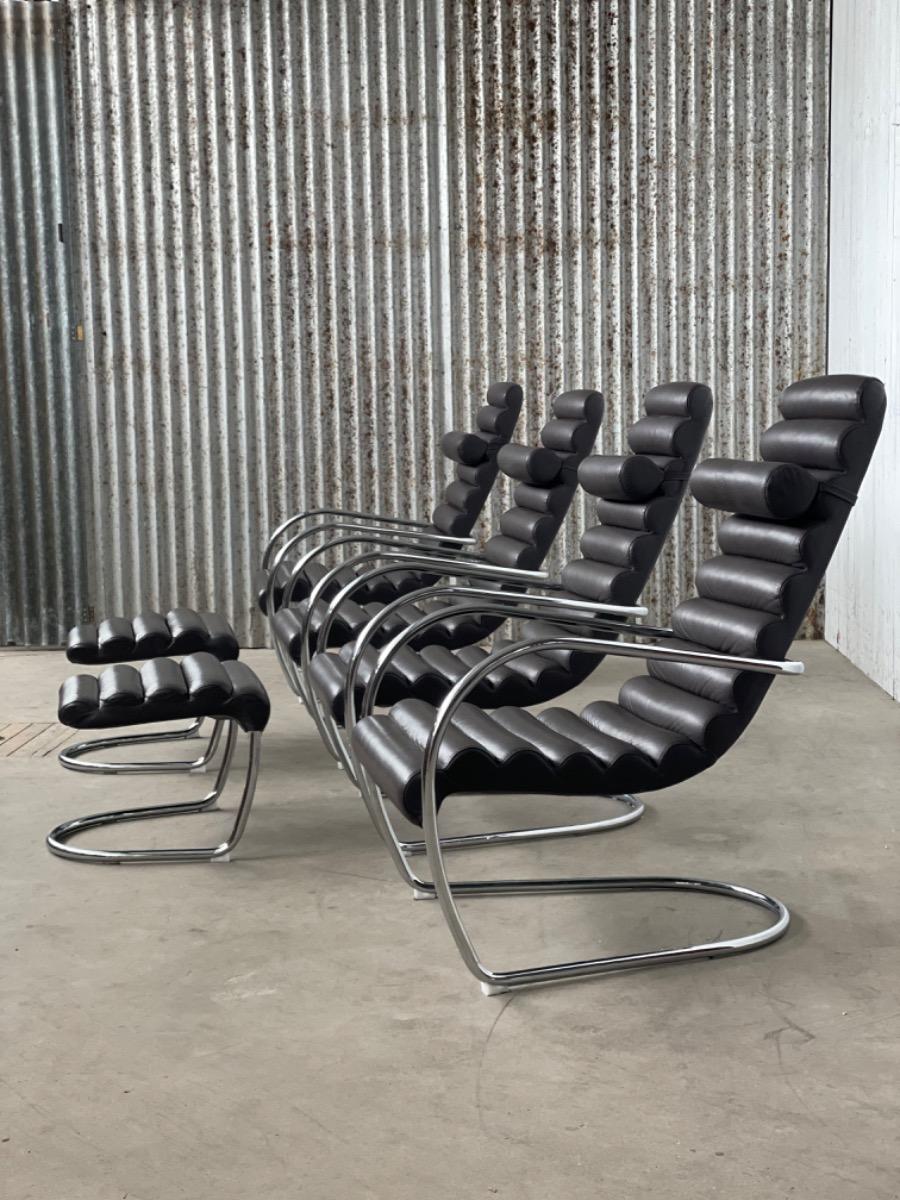 Set 4 rare vintage tubular and leather lounge chairs, 1980 Netherlands