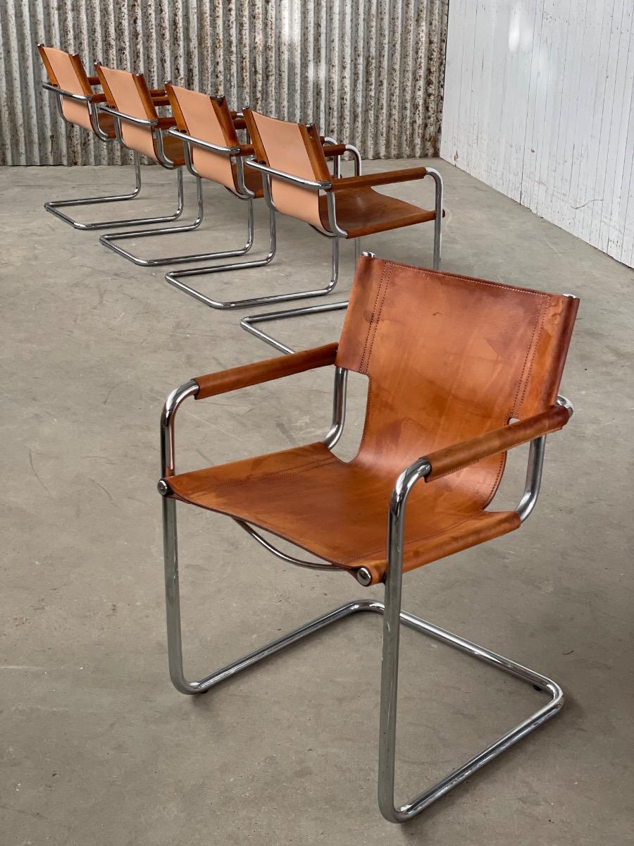 Set 5x Dining Chairs S34 by Mart Stam for Linea Veam Cognac leather, Italy 1970s