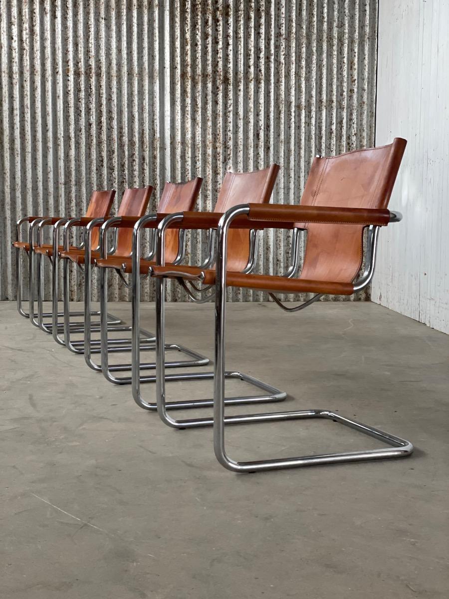 Set 5x Dining Chairs S34 by Mart Stam for Linea Veam Cognac leather, Italy 1970s