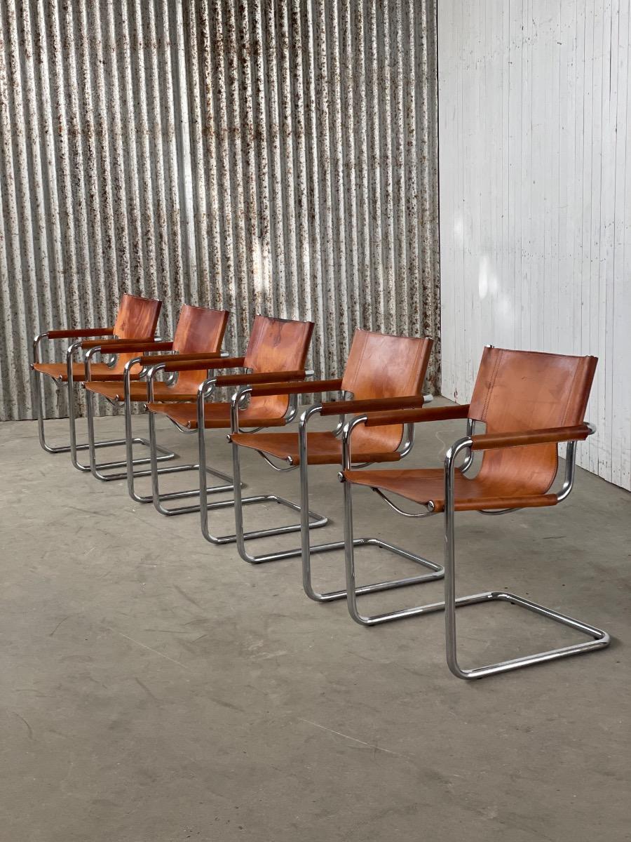 Set 5x Dining Chairs S34 by Mart Stam for Linea Veam Cognac leather, Italy 1970s