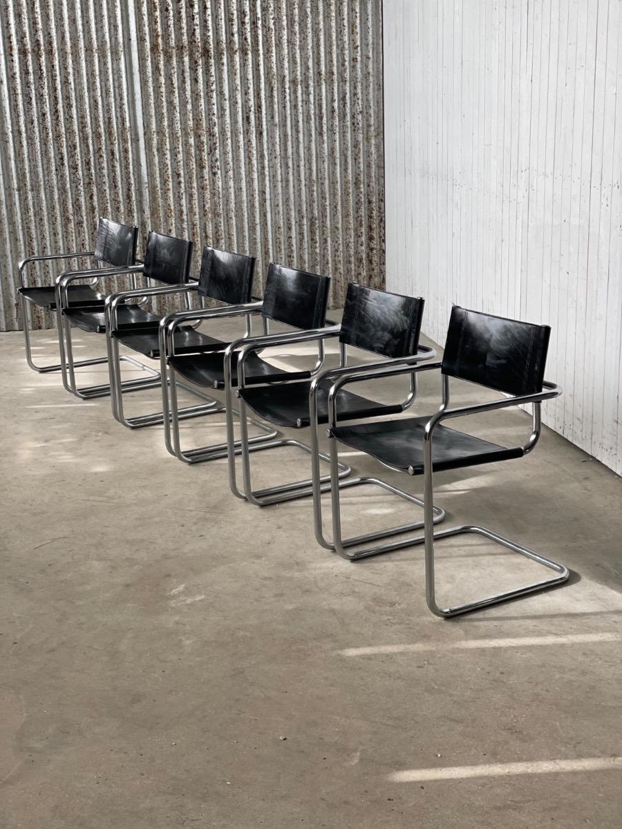 Set 6 vintage dining chairs Bauhaus model MG5/S34 black leather, 1980s