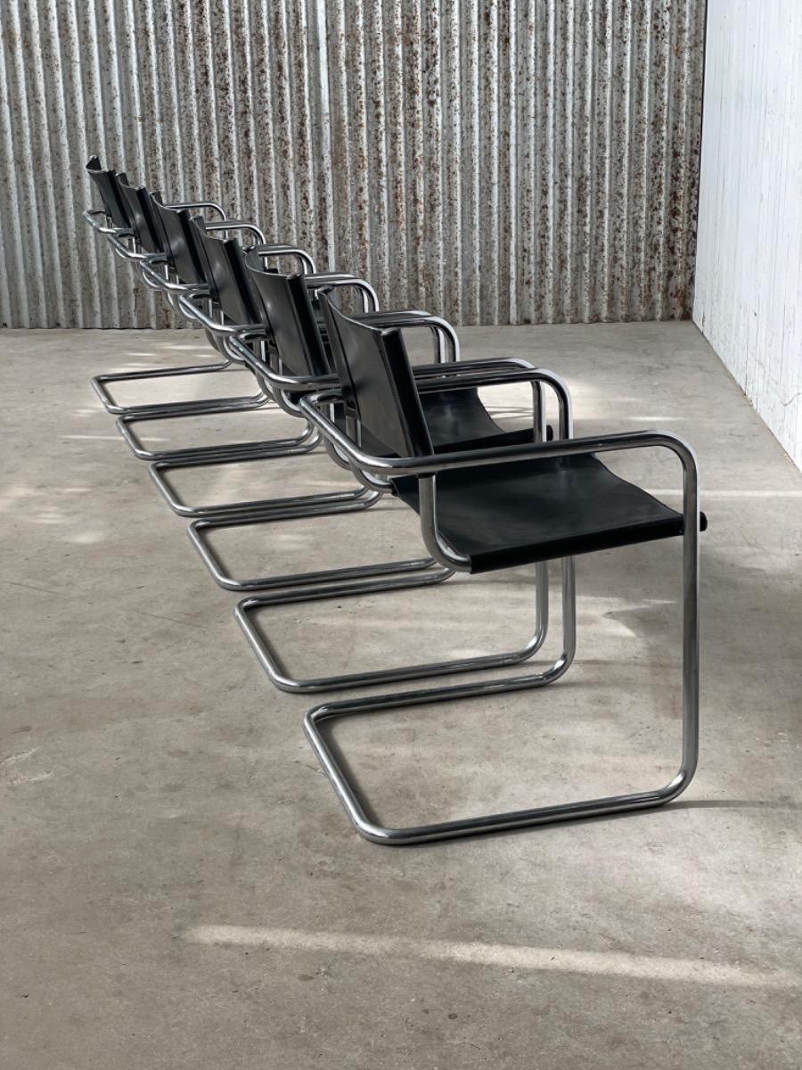 Set 6 vintage dining chairs Bauhaus model MG5/S34 black leather, 1980s