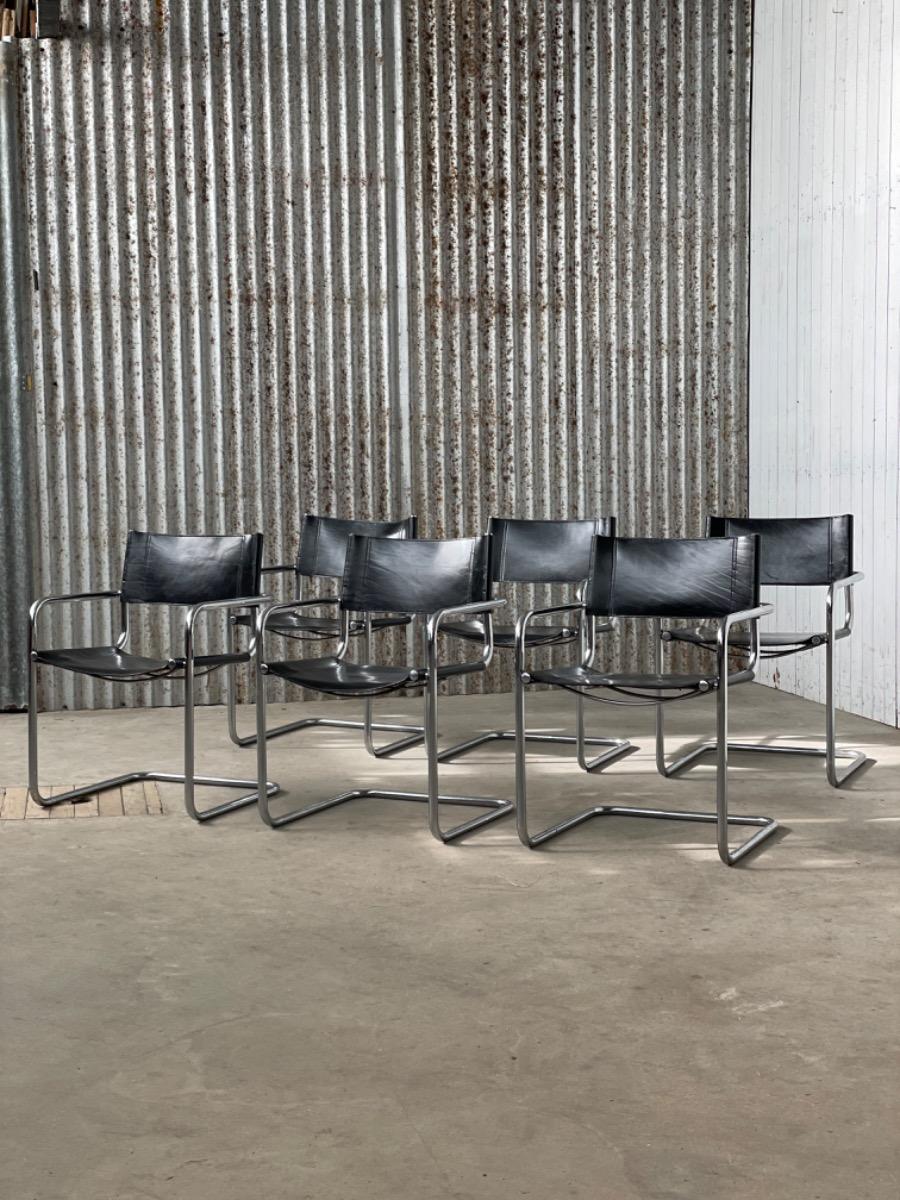 Set 6 vintage dining chairs Bauhaus model MG5/S34 black leather, 1980s