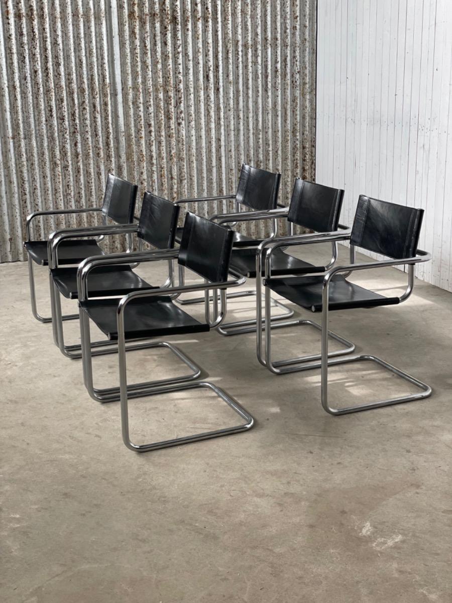 Set 6 vintage dining chairs Bauhaus model MG5/S34 black leather, 1980s