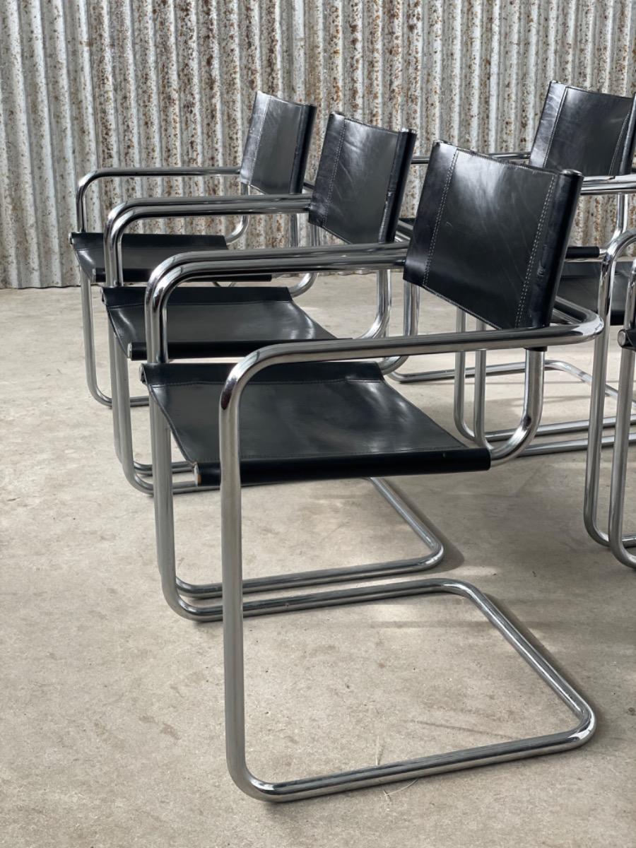 Set 6 vintage dining chairs Bauhaus model MG5/S34 black leather, 1980s